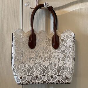 Chic White Lace Tote with Brown Handles